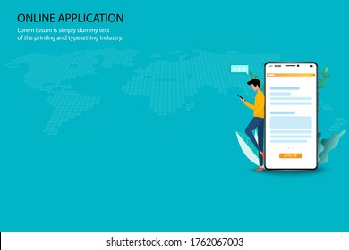 Online Application Concept, A Young Man Is Searching In The Internet By Using Smartphone To Find A Course To Apply In The University And Or Job Application After Graduation In Green Color Background.