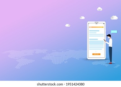 Online Application Concept, A Young Man Is Searching In The Internet By Using Smartphone To Find A Course To Apply In The University And Or Job Application After Graduation In Blue And Pink Color Back