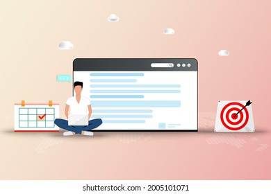Concepto de aplicación en línea, un joven está buscando en internet usando una laptop para encontrar un curso para postular en la universidad o una solicitud de empleo después de graduarse con un fondo de color pastel.