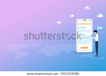 Online application concept, a young man is searching in the internet by using smartphone to find a course to apply in the university and or job application after graduation in blue and pink color back
