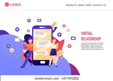 Online application dating user vector concept in flat style. Man and woman using smartphone with chat on the screen 