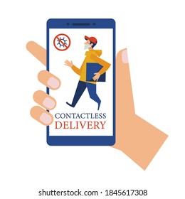 Online application. Delivery. Contactless delivery. A courier in a medical mask delivers a box. Online purchases during the quarantine.
