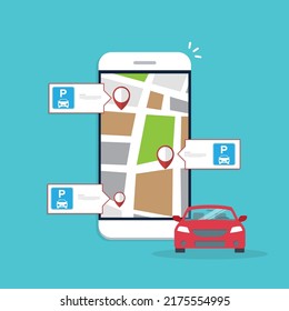 Online application for finding parking spaces, city parking. Smart city parking mobile app concept. Urban traffic technology, vector illustration.