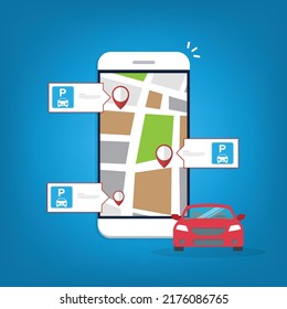 Online application for finding parking spaces, city parking. Smart city parking mobile app concept. Urban traffic technology, vector illustration.