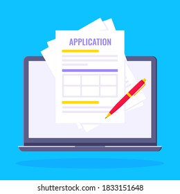 Online application form to fill popped above the notebook laptop monitor screen icon vector illustration. Technology concept of online survey isolated on blue background.