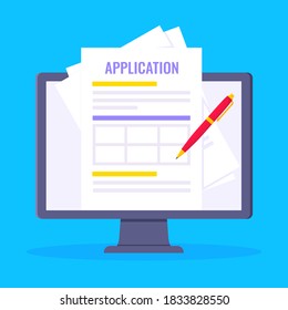 Online application form to fill popped above the computer monitor screen icon vector illustration. Technology concept of online survey isolated on blue background.