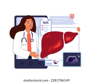 Online Application Gastroenterologist,Hepatologist Doctor Consultation.Diagnose Liver Organ Hepatic.Fibrosis,Hepatitis.Ultrasound Internet Treatment.Digital Medical Hospital Diagnostics Illustration