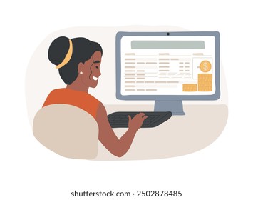 Online application isolated cartoon vector illustrations. Woman fills out a form for a business loan using computer, getting startup capital, online lender, credit score vector cartoon.