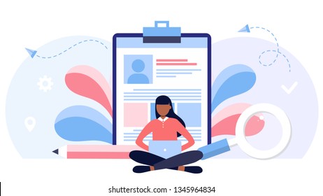 Online application. job search, recruitment, workgroup, freelance, web graphic design. hiring. African womansitting in lotus pose with laptop, freelancer or distance learning by online courses