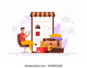 Online Application For A Mens Clothing And Accessories Store. A Man Sitting In A Chair Chooses Purchases In The Online Catalog. Mobile Shopping. Vector Illustration