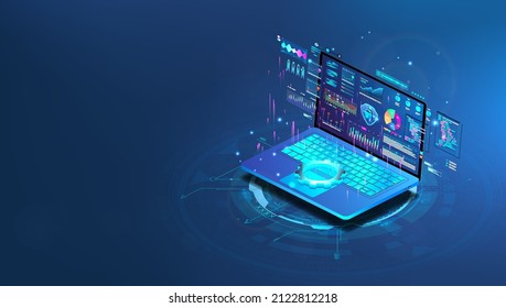 Aplicación en línea en laptop azul con análisis de datos, gráficos y gráficos. Desarrollo de software, prescripción de codificación. Control remoto y concepto de configuración. Programación entre plataformas. Vector isométrico	