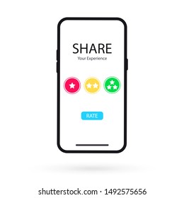 Online application on mobile phone to rate your experience. Review ,feedback, rating on smartphone. User experience concepts for web banners, printed and promotional materials. Share your experience