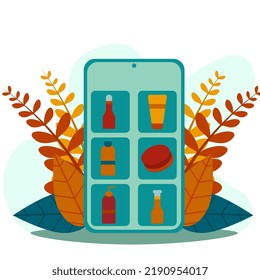 Online application on the mobile screen with a menu containing beauty products in beauty bottles, skin care products. buy beauty cream on phone screen.