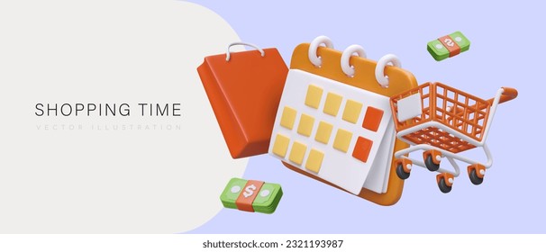 Online application for planning purchases. Calendar with reminder about promotions. Time to buy at reduced price. Sale in store. Promo banner with realistic illustration