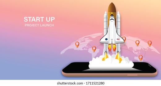 Online application startup concept, rocket launch on mobile. vector illustration.