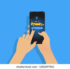 Online Application Taxi Service vector illustration advertising poster design of yellow car.Flat Style with Geolocation Icon in Realistic Smartphone and button Start Now in Hand. 