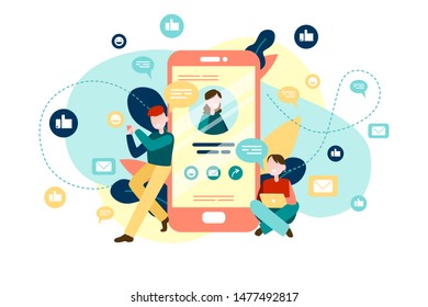 Online application vector concept in flat style. Group of young people using smartphone and laptop communicates via the Internet. Social networking, chat, messages, search friends concept