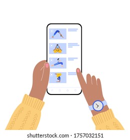 Aplicación en línea para ejercicios de video de yoga con diferentes poses. La mujer elige una lección en un smartphone. Ilustración plana vectorial aislada para plantilla de internet.