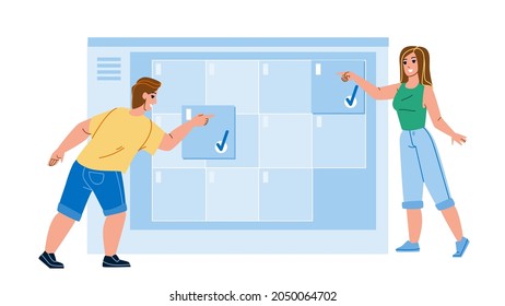 Online Appointment App For Planning Event Vector. Man And Woman Using Online Appointment Application For Plan Meeting. Characters Management Schedule And Organization Flat Cartoon Illustration