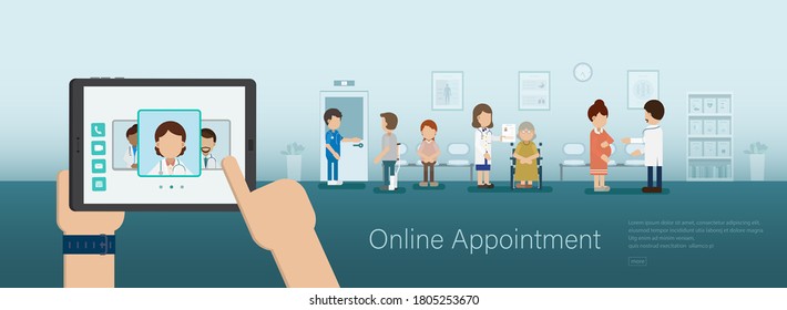 Online appointment banner with hand hold digital tablet flat design vector illustration