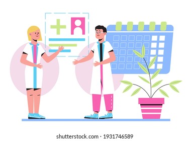 Online Appointment To The Doctor. Calendar, Medical Card, Plant, Clinic Office Are Shown. Medical Icon Vector For Infographics, Web Site.