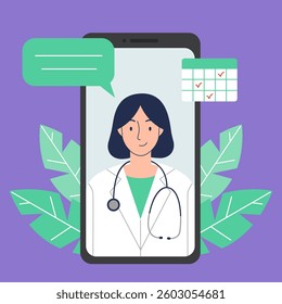 Online appointment with a doctor on a smartphone. Woman doctor on a smartphone. Online medicine concept. Vector illustration