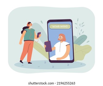 Online Appointment For Patient With Doctor On Phone Screen. Tiny Girl In Headphones Using Mobile App Flat Vector Illustration. Telemedicine Concept For Banner, Website Design Or Landing Web Page