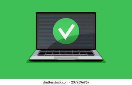 Online approve check mark updated or download complete, accept, laptop computer screen, vector flat illustration. design element