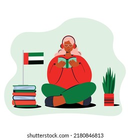 Online Arabic language courses flat vector illustration. Distance education, remote school, Arabian university. Students reading books Internet class, e learning language school isolated