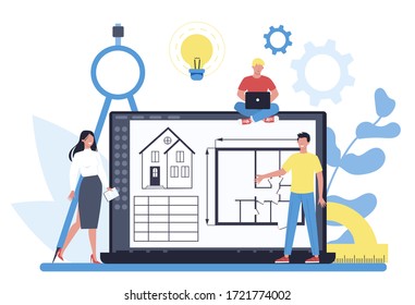 Online architecture platform on differernt device concept. Idea of building project and construction work. Scheme of house, engineer industry. Construction company business. Vector illustration
