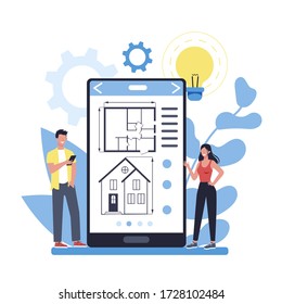 Online architecture platform on differernt device concept. Idea of building project and construction work. Scheme of house, engineer industry. Construction company business. Vector illustration