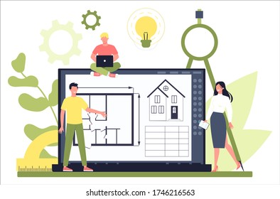 Online architecture platform on differernt device concept. Idea of building project and construction work. Scheme of house, engineer industry. Construction company business. Vector illustration