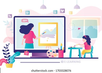 Online art class. E-learning, distance education. Tutorials and web courses. Woman art teacher on screen and girl preschooler student with brush. Drawing lessons banner. Trendy vector illustration