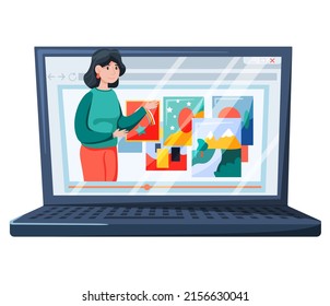 Online art class. E-learning, distance education. Video tutorials and web courses. Woman art teacher on screen at school. Drawing lessons banner. Geography lesson for students on educational platform