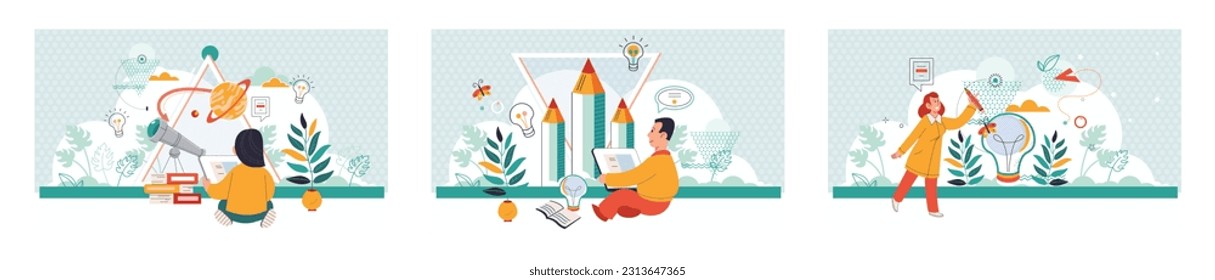 Online art class. E-learning, distance education. Tutorials and web courses. Little boy with phone, teacher and creative idea icons with pencils and pictures. Drawing lessons banner, art master class