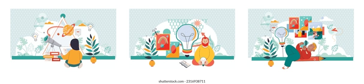 Online art class. E-learning, distance education. Tutorials and web courses. Little boy with phone, teacher and creative idea icons with pencils and pictures. Drawing lessons banner, art master class