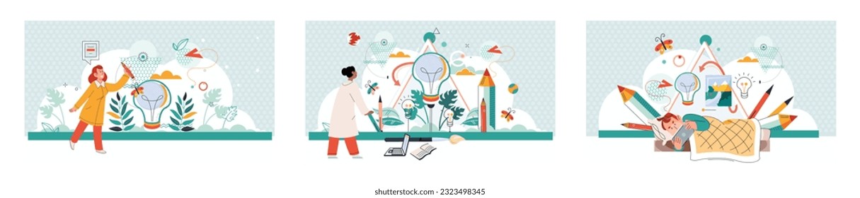 Online art class. E-learning, distance education. Tutorials and web courses. Little boy with phone, teacher and creative idea icons with pencils and pictures. Drawing lessons banner, art master class