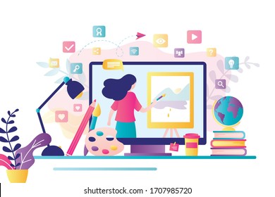 Online art class. E-learning technology, distance education. Tutorials and web courses. Woman art teacher on screen, blogger with brush and easel. Drawing lessons banner. Trendy vector illustration