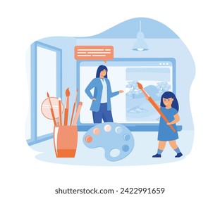 Online art class. Tutorials and web courses. Woman art teacher on screen and girl preschool student with brush. flat vector modern illustration 
