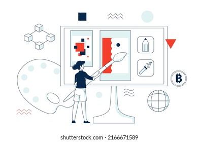 Online art concept. Virtual paint, digital creation and design. Nft artist at work and sale pictures for token. Graphic startup or education recent vector scene