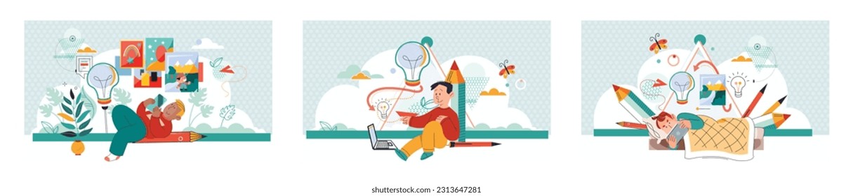 Online art course for young artist on screen of mobile phone. Art workshop, distance lesson, education with digital gadget, creative ideas, online learning set. Girl with smartphone or tablet pc