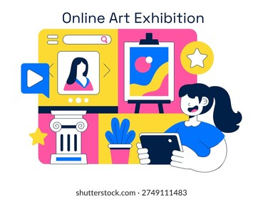 Online Art Exhibition Virtual Gallery Digital Artwork Showcase Illustration Featuring People Viewing Creative Paintings Through Laptop Screen
