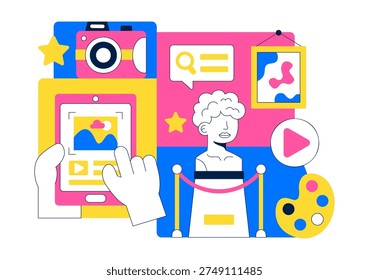 Online Art Exhibition Virtual Gallery Digital Artwork Showcase Illustration Featuring People Viewing Creative Paintings Through Laptop Screen