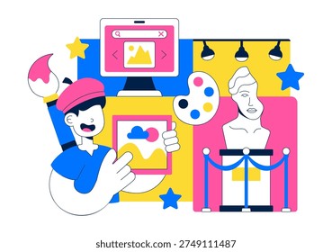 Online Art Exhibition Virtual Gallery Digital Artwork Showcase Illustration Featuring People Viewing Creative Paintings Through Laptop Screen