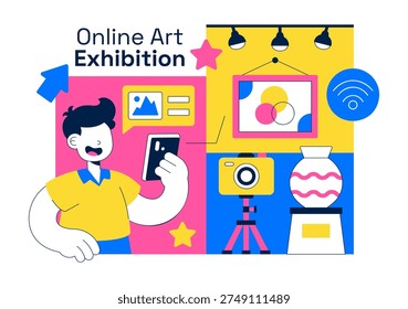 Online Art Exhibition Virtual Gallery Digital Artwork Showcase Illustration Featuring People Viewing Creative Paintings Through Laptop Screen