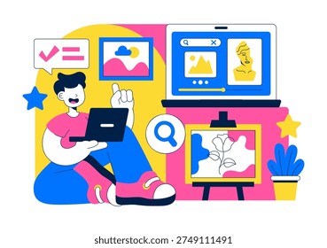 Online Art Exhibition Virtual Gallery Digital Artwork Showcase Illustration Featuring People Viewing Creative Paintings Through Laptop Screen
