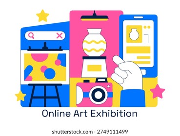 Online Art Exhibition Virtual Gallery Digital Artwork Showcase Illustration Featuring People Viewing Creative Paintings Through Laptop Screen