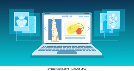 Online art gallery banner. Virtual museum in modern laptop on tech background. Online exhibition Tours, Internet technology. Home leisure on mobile devices. Web tourism Vector concept.