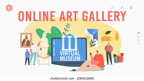 Online Art Gallery Technology Landing Page Template. People Visiting Virtual Museum Exhibition, Digital Tour. Tiny Characters At Huge Laptop With Masterpieces On Screen. Cartoon Vector Illustration