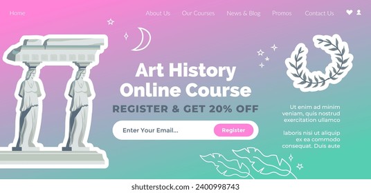 Curso de historia del arte en línea, clases y clases para la creación de obras de arte. La arquitectura y las civilizaciones antiguas avanzan. Página de inicio del sitio web, plantilla del sitio de Internet. Vector de estilo plano